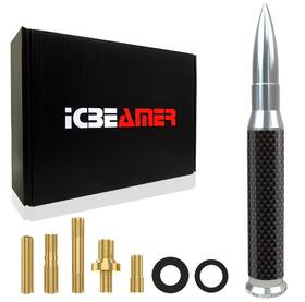 Icbeamer An-ama-b-n5 Pickup Truck Antenna - Silver 50 Cal Bullet Design With Carbon Fiber