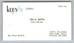 C.1970 San Jose, Keen Fm Radio Station Hotel De Anza Smith Business Card F32 Used. Price: $34.50.